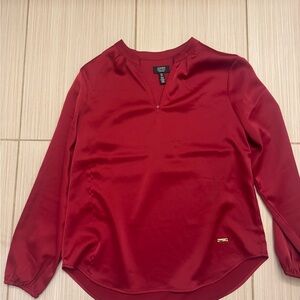 Jones New York Women's Burgundy Satin V-Neck Long Sleeve Blouse